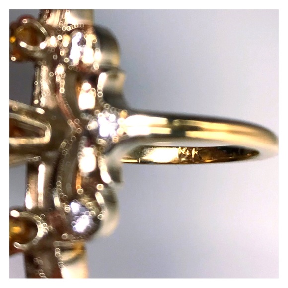 14KT GENUINE 1910’S EDWARDIAN HEAVY DIAMOND & CITRINE ANTIQUE NAVETTE RING - Picture 7 of 11